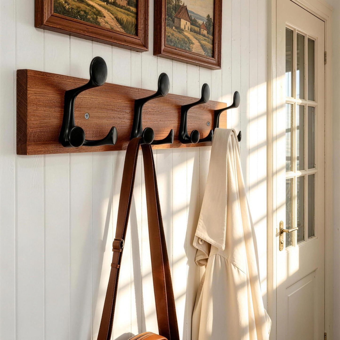 HONSKY Wall Mounted Coat Rack, 61cm Solid Sapele Wood Backboard, 4 Black Sturdy Aluminium Alloy Triple Hooks(12 Hanging Points)