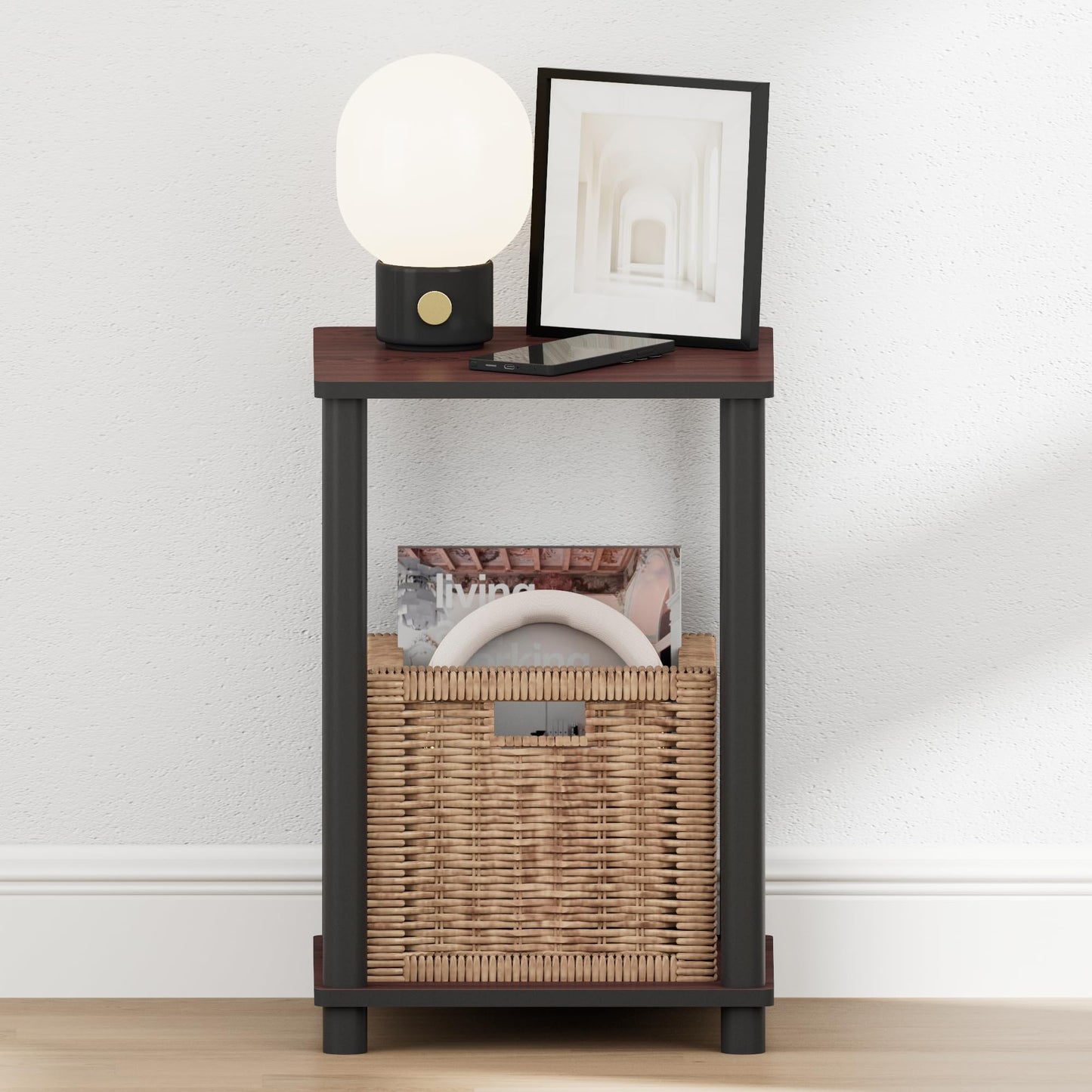 Furinno TURN-N-TUBE Night Stand, 2-Tier Open Shelf Design Nightstand, Toolless Square Bedside Table, End Table, Side Table, for Bedroom, Closet