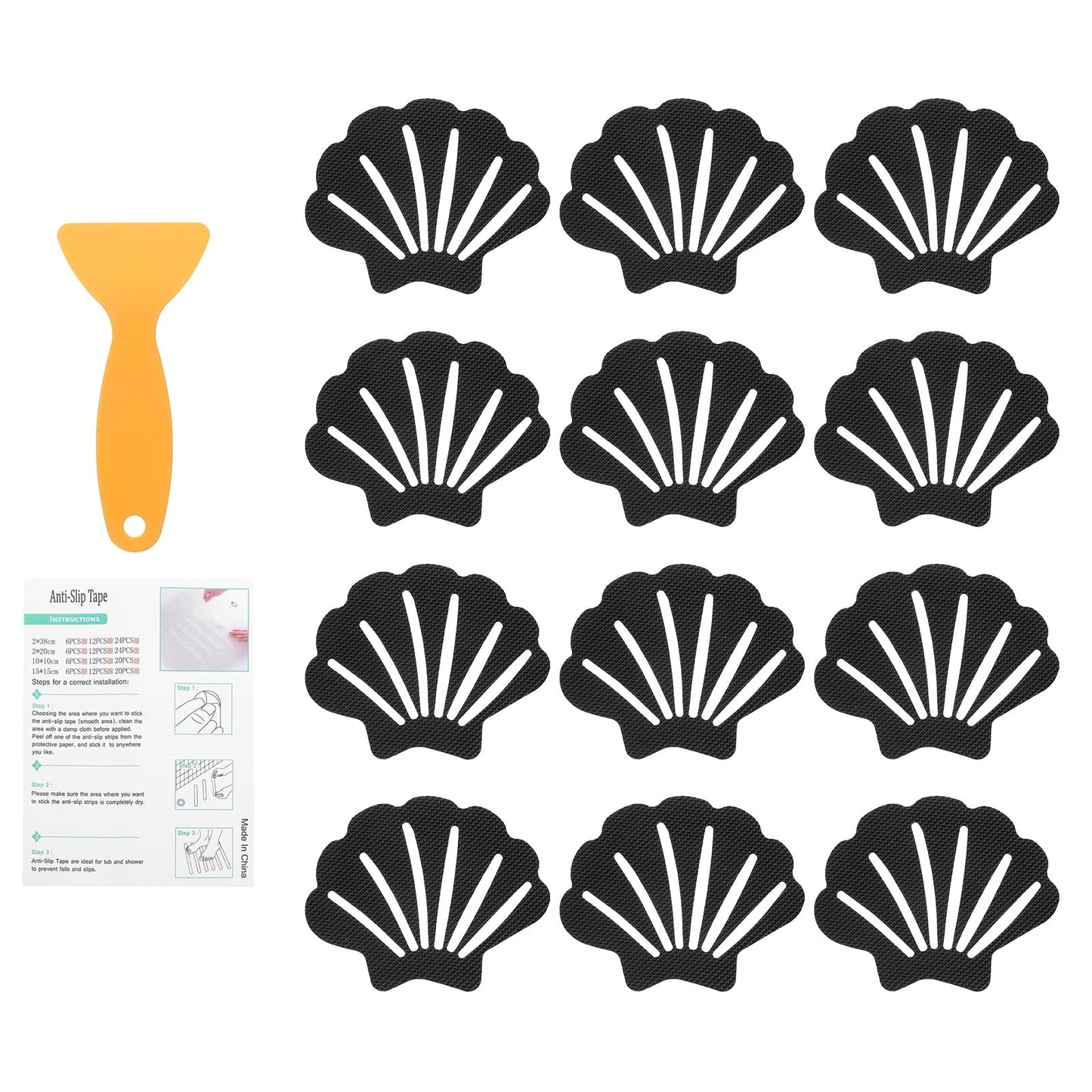 sourcing map 12Pcs Non-Slip Bathtub Stickers, 9x7 cm Shell Shape Shower Floor Non Slip Stickers with Scraper for Bathroom Shower Stairs Ladders, Black