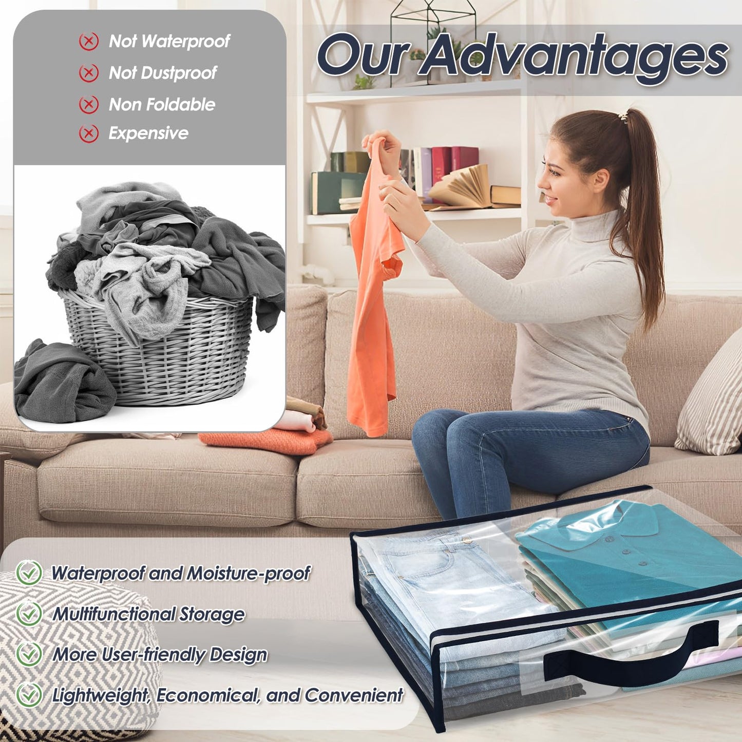 6 Pack Clear PVC Clothes Storage Bags with Zip Reinforced Handle Under Bed Bedding Organiser Blankets Storage Boxes Dustproof Transparent Moving