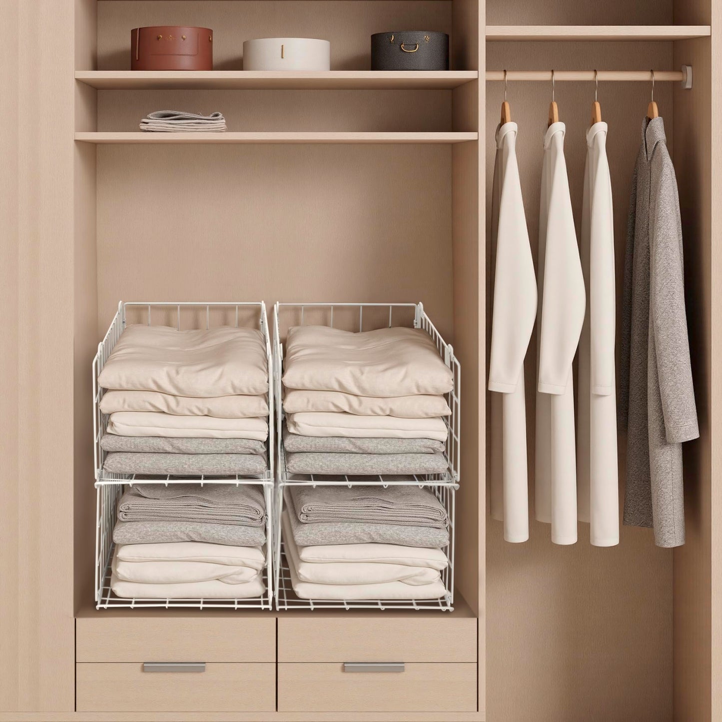 QIWODE Stackable Wardrobe Storage Organiser, Set of 4 Metal Wire Clothes Storage Baskets, Closet Organiser & Shelf Baskets for Bedroom, Pantry