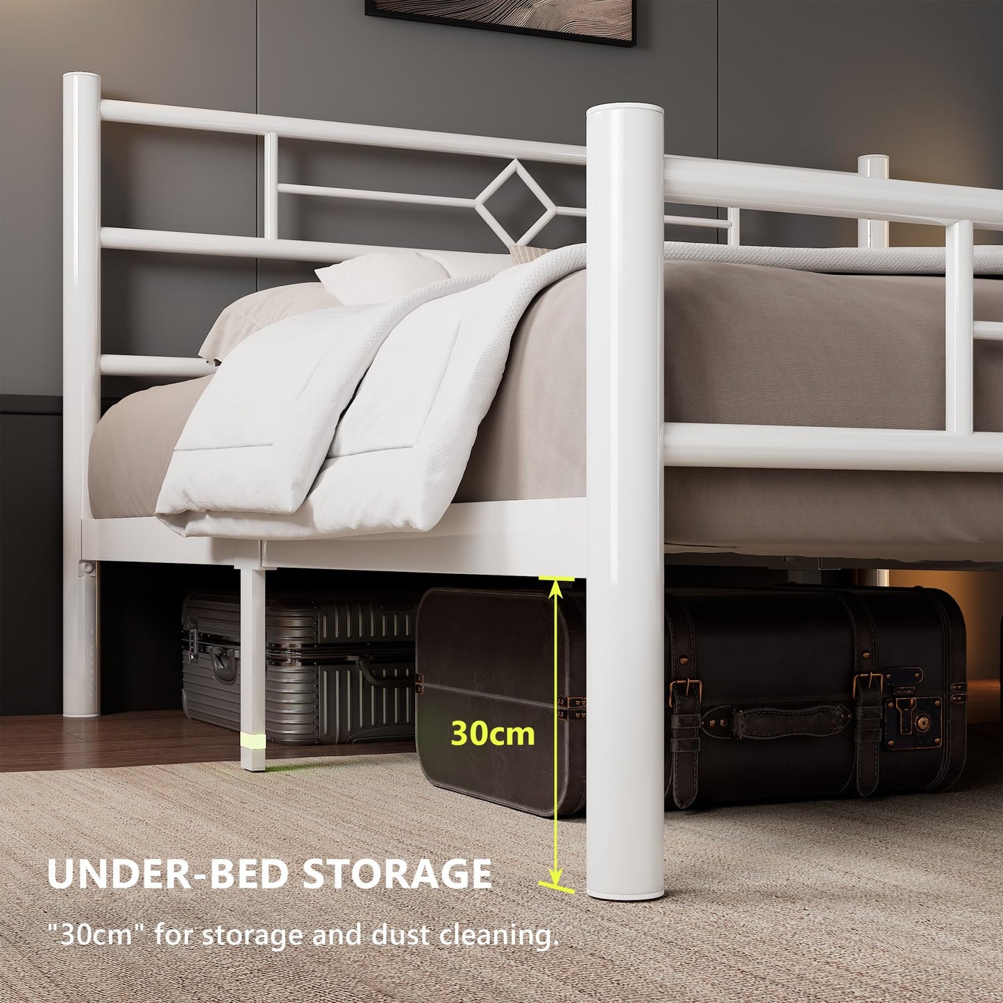 Feonase King Size Bed Frame with Headboard and Footboard, Metal Platform Kingsize Bed Frame with Underbed Storage, Solid Metal Slats Support