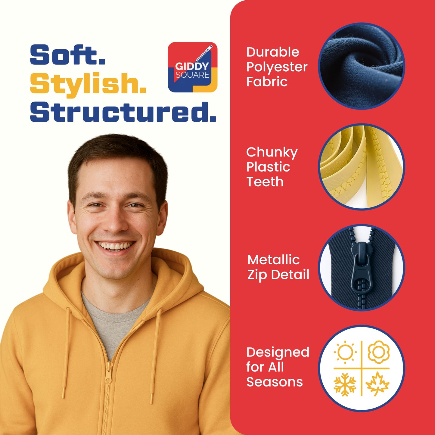 36" (91cm) Yellow Chunky Zip - Heavy-Duty Open-Ended Separating
