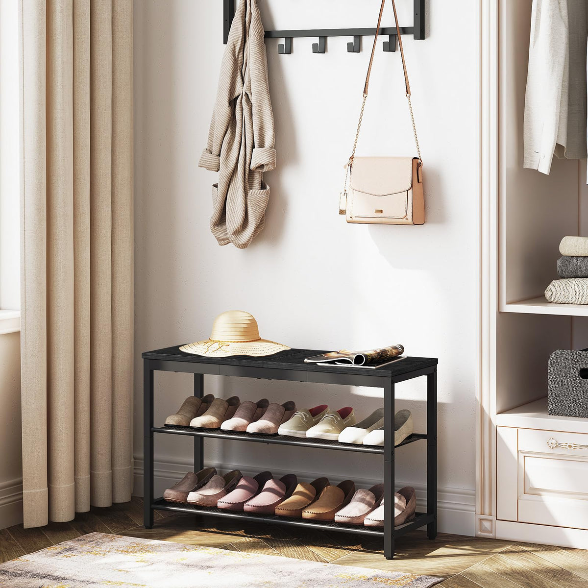 HOOBRO Shoe Rack, 3-Tier Shoe Bench with 2 Mesh Shelves, Shoe Storage Bench with Seat, for Entryway, Hallway, Living Room, Small Space, Easy Assembly