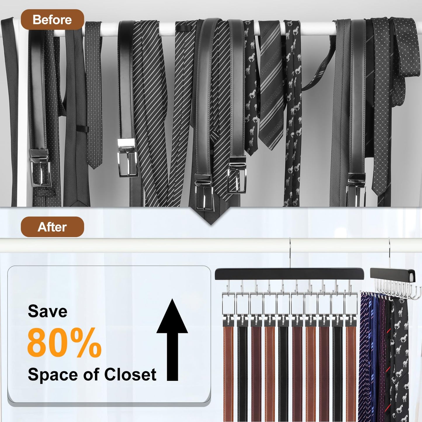 TOPIA HANGER 2 Pack 2 in 1 Belt Tie Hanger for Closet Max 60 Belts with 60 Ties Capacity