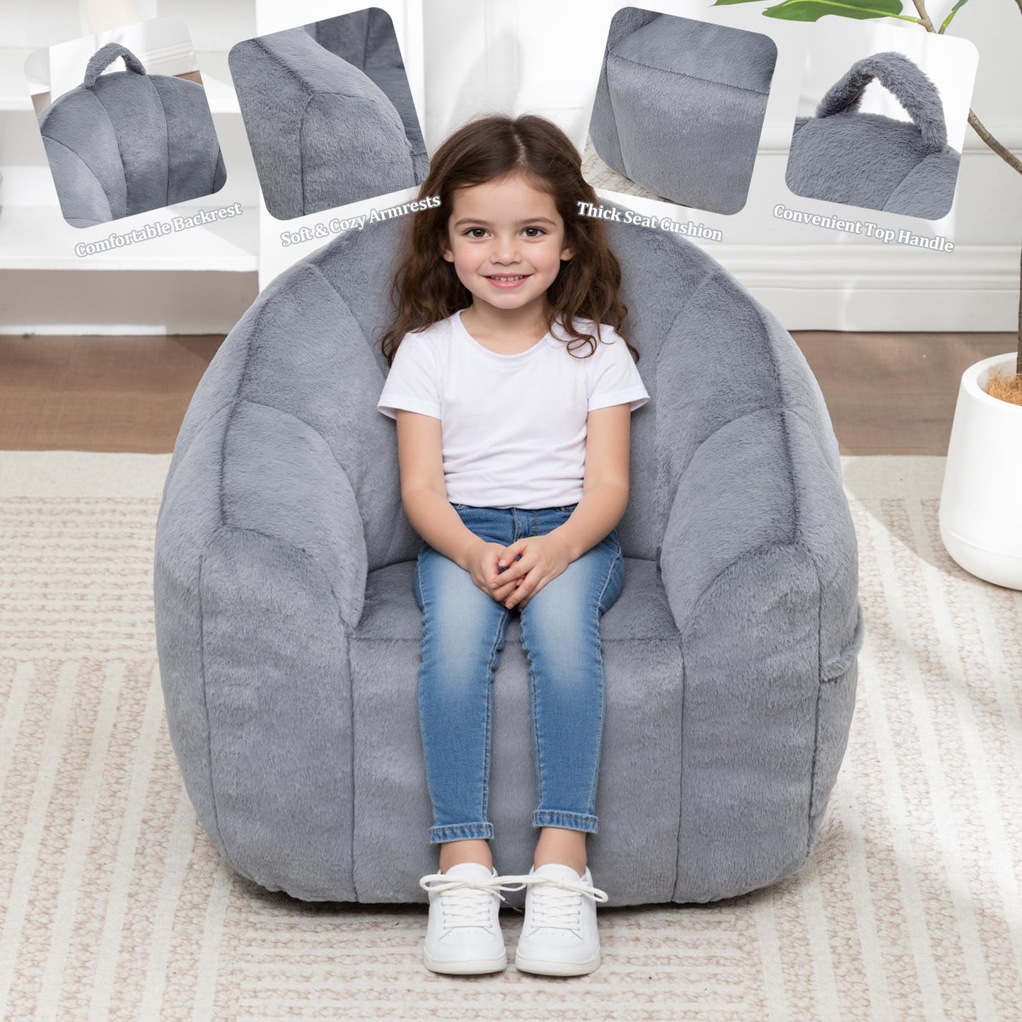 MINCETA Bean Bag Chair for Kids, Small Bean Bag Sofa Chairs with filler, Dark Gray Comfy Beanbag Chair with Handle for Living Room, Bedroom