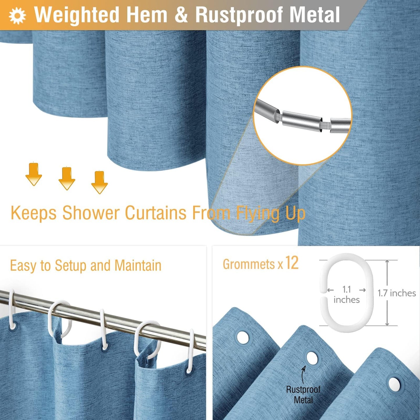 BTTN Extra Long Linen Look Shower Curtain, 182x244cm, Moonlight Blue