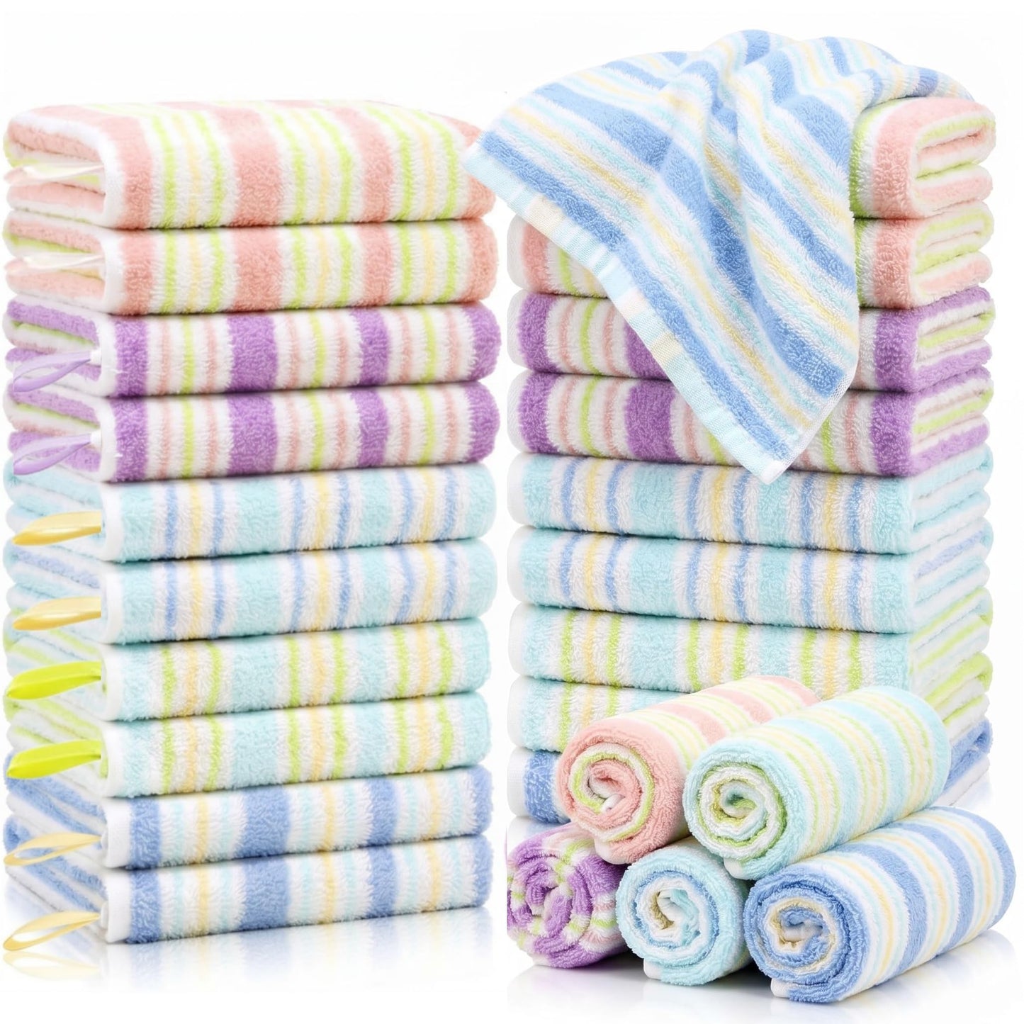 Pumtus 20 Pack Small Face Wash Cloths, 25x25 cm Cotton Soft Hand Towel, Comfortable Striped Fingertip Towel for Sensitive Skin