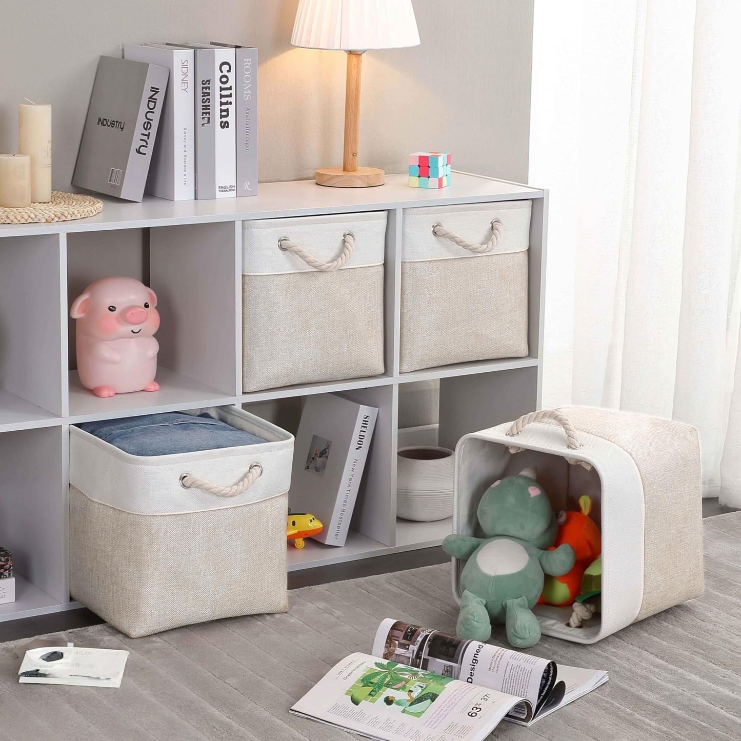 Mangata Fabric Storage Boxes,33x38x33cm Storage Baskets for Organizing Clothes Shelf Nursery Home Closet(Light Beige/White, Set of 4)