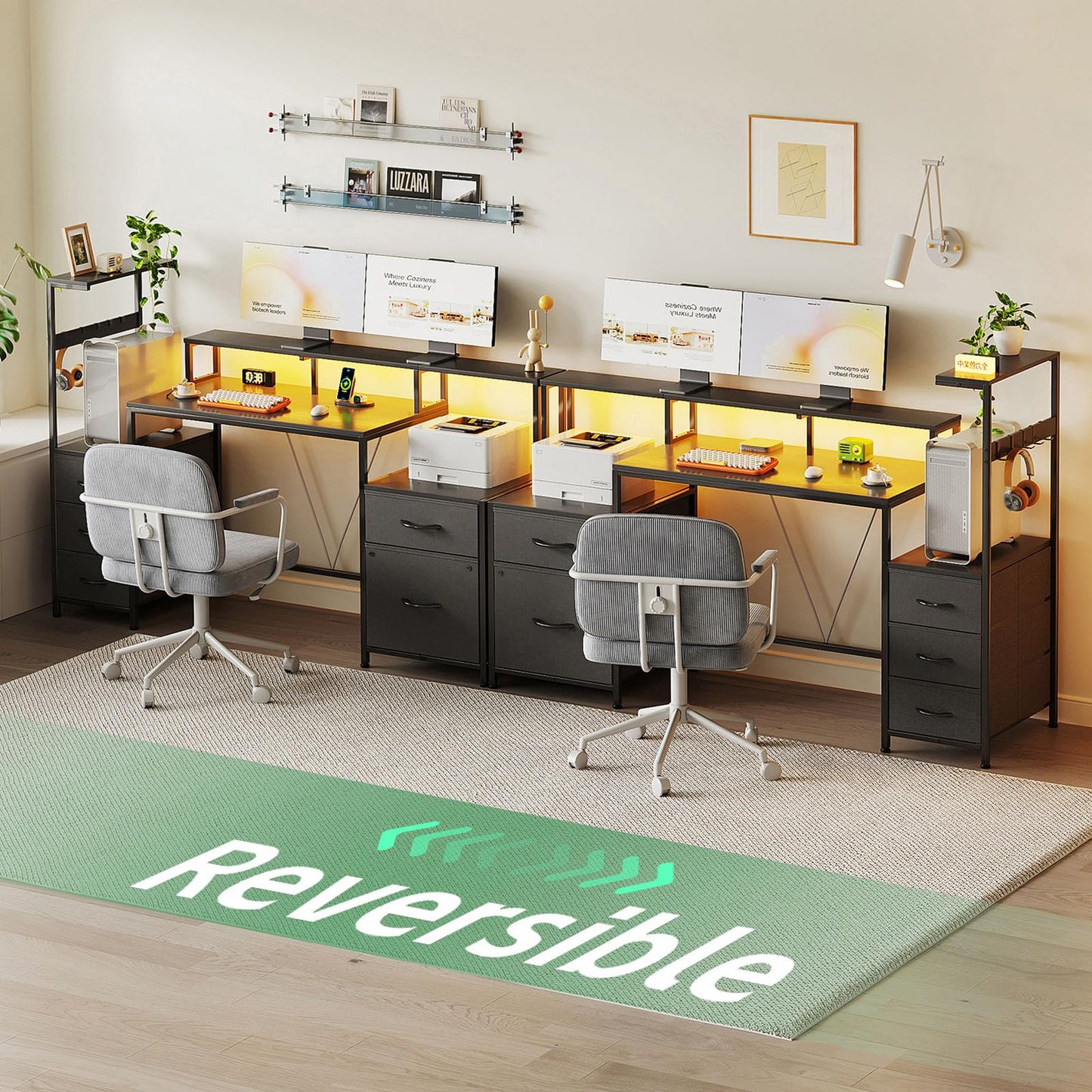 MUTUN 160cm Computer Desk with Printer Stand and Storage Shelves, Reversible Home Office Desk with Fabric Drawers and Monitor Shelf