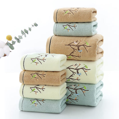 Pidada Hand Towels Set of 4 Embroidered Bird Tree Pattern 100% Cotton Absorbent Soft Decorative Towel for Bathroom 35 x 75 cm Brown