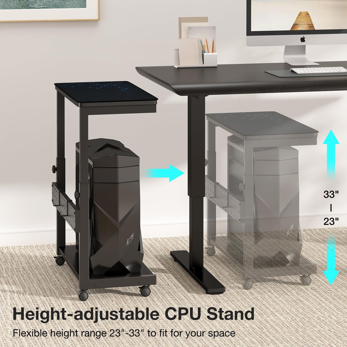 Yornoli PC Stand Height Adjustable Computer Tower Stand with Large Mouse Mat CPU Floor Stand Under Desk with Lockable Castor Wheels Sturdy PC Trolley