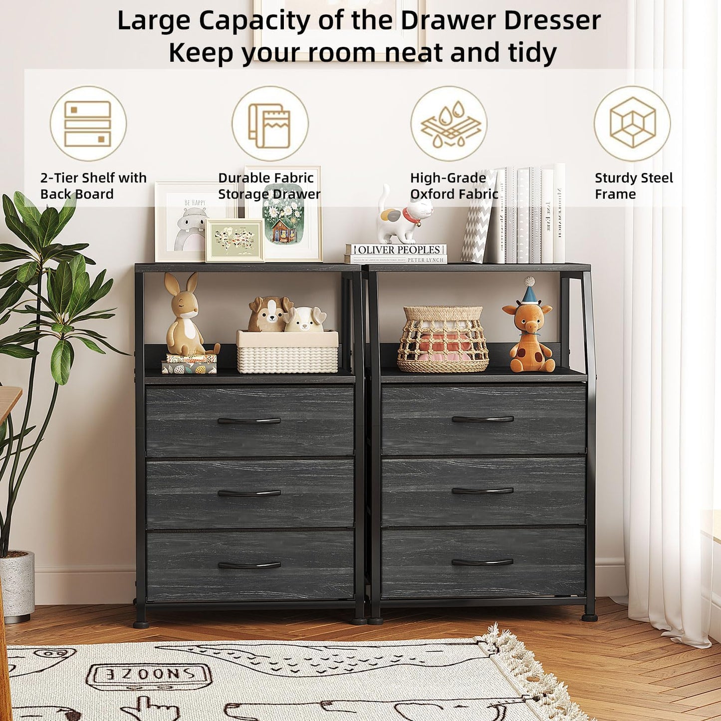 CAIYUN Chest of Drawers Bedroom with 3 Drawers, Tall Fabric Dresser with Shelf, Fabric Dresser for Entryway Hallway Living Room