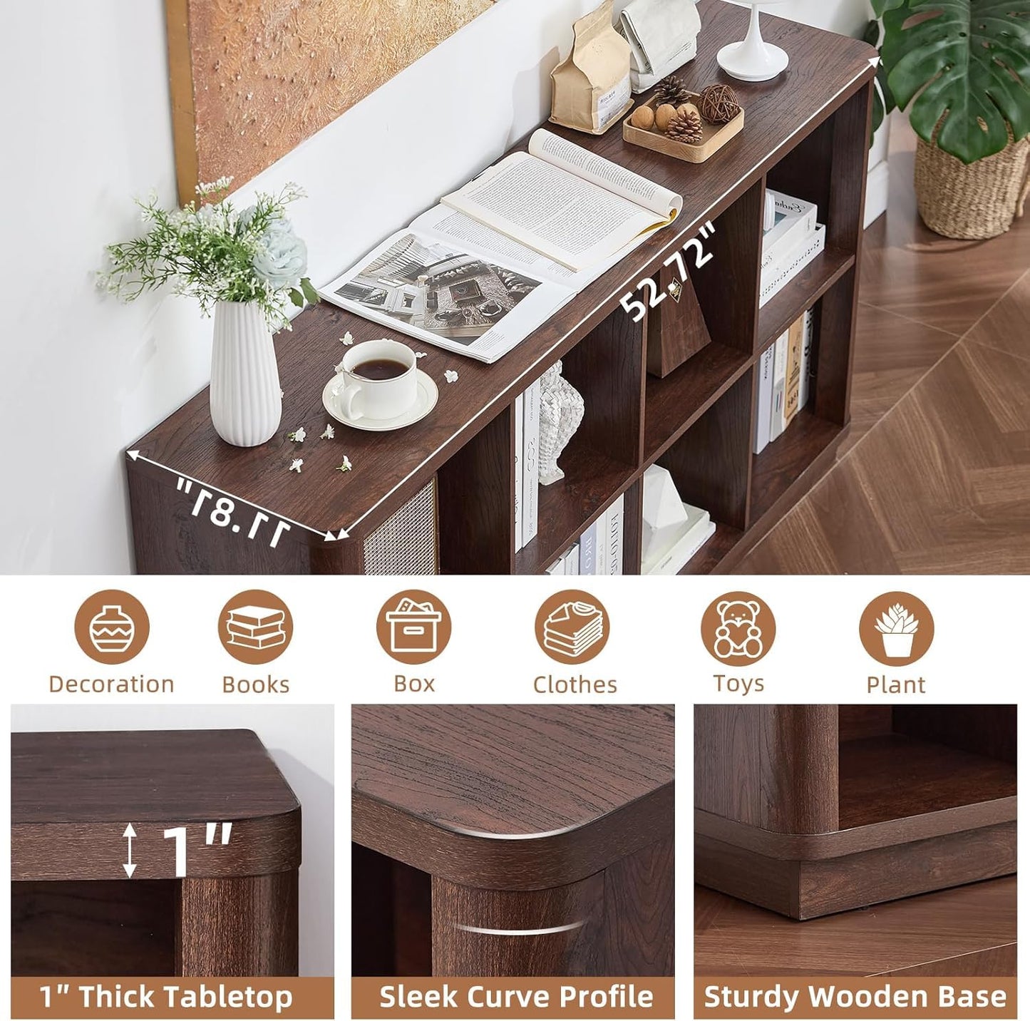 LELELINKY 8 Cube Storage Bookcase, 53" Wide Wooden Book Shelf with Thickened Base, Freestanding 2-Tier Open Book Case Unit with Curved Edge