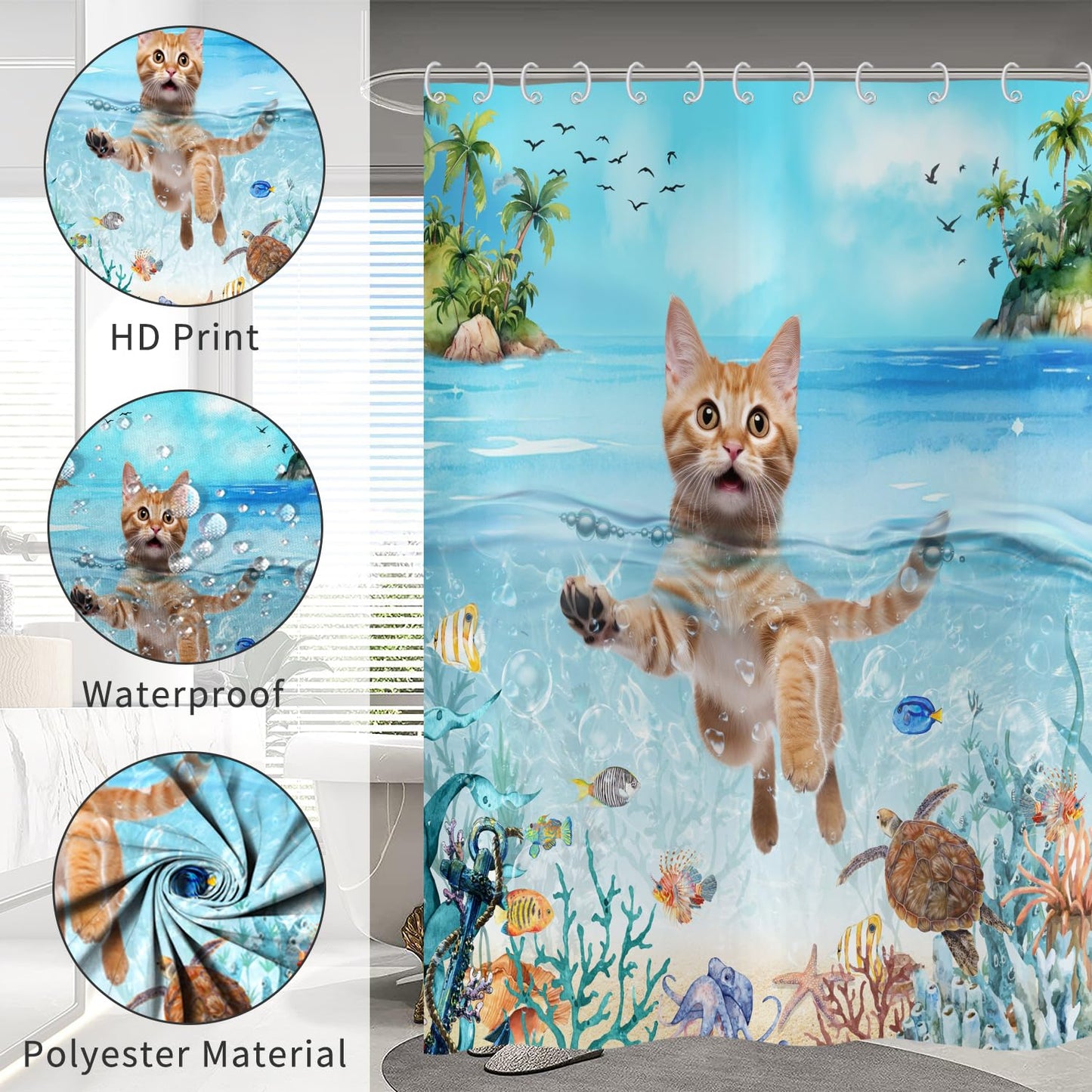 Hnmdmyi Funny Cat Shower Curtain 180x200, Cute Kitten Swimming in Blue Ocean Sea Turtle Tropical Fish Starfish Coral Kids Bathroom Shower Curtains