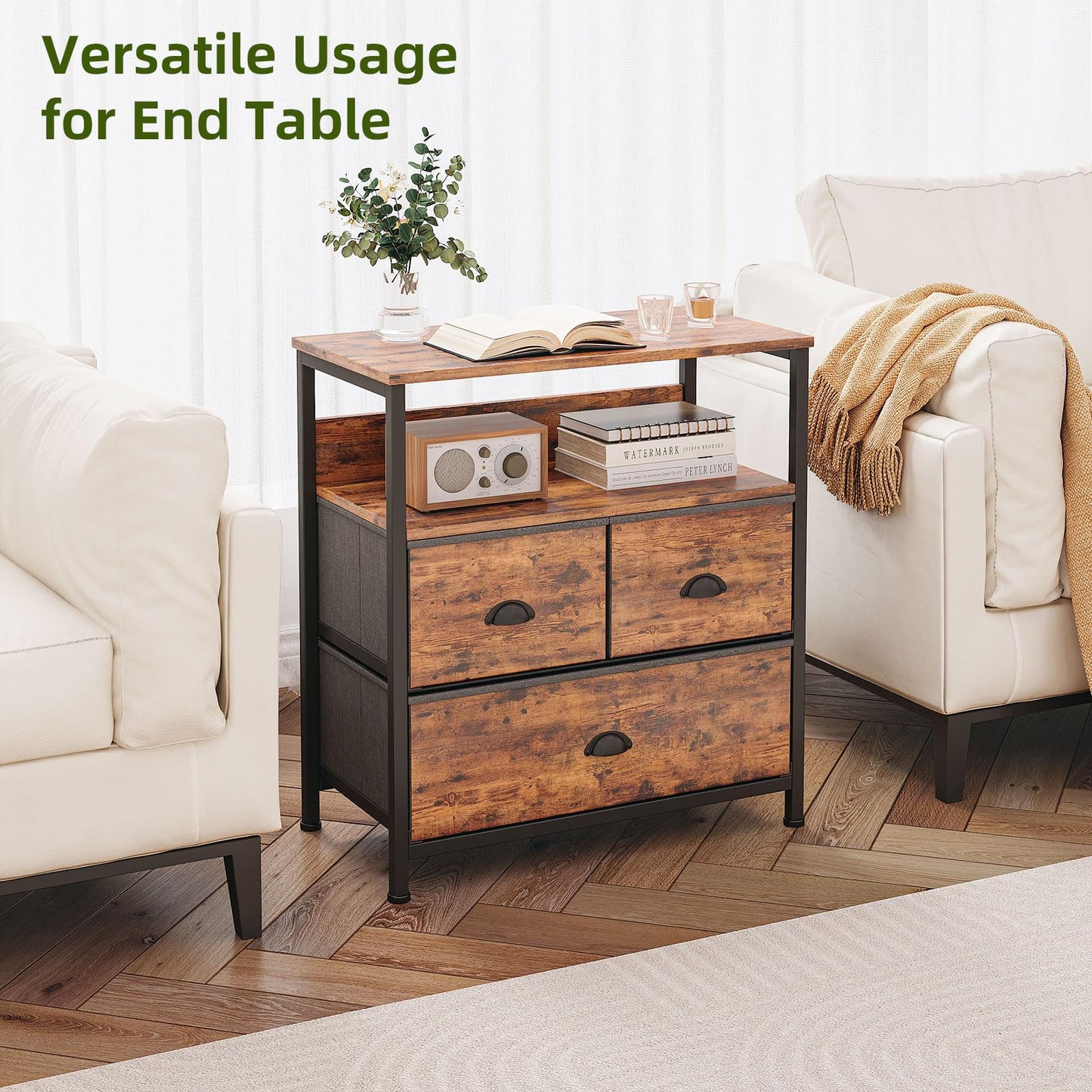 CAIYUN Bedside Table Cabinet with 3 Drawers for Bedroom, End Table Sofa Sid with Storage for Living Room, Nightstand with Metal Frame and Open Shelf