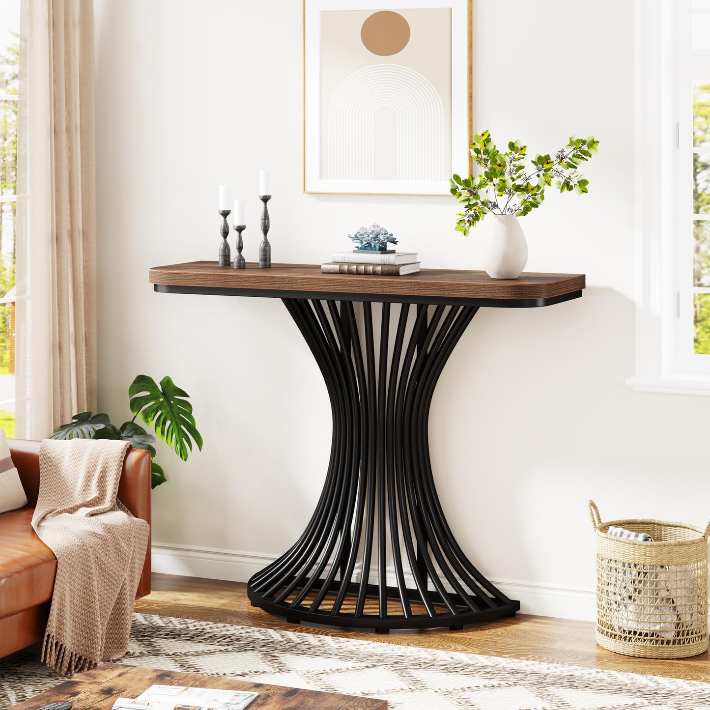 LITTLE TREE 39-Inch Small Industrial Console Table Entryway Table with Geometric Metal Base Entrance, Living Room, Hallway