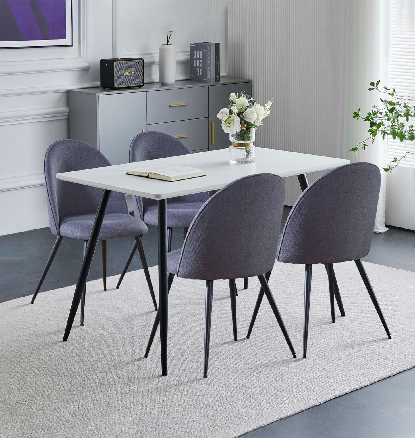 Hallowood Furniture Cullompton Small Dining Table and Chairs Set 4, White Marble Effect Rectangular Kitchen Table and Chairs in Curved-Back, Grey