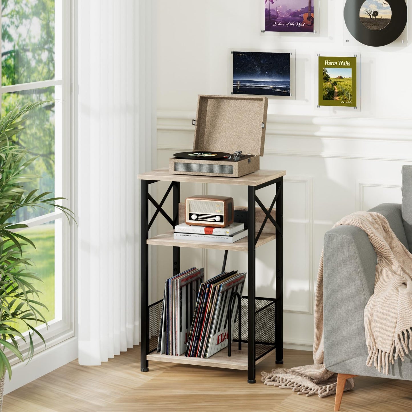 AMHANCIBLE Record Player Stand with Charging Station, Vinyl Record Storage