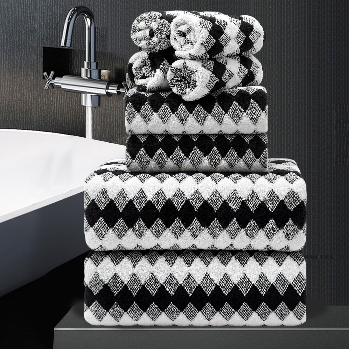 8 Piece Bathroom Towel Set Black White|2 Oversized Large Bath Towels Sheet,2 Hand Towels,4 Washcloths| 600GSM Soft Towel Set for Bathroom