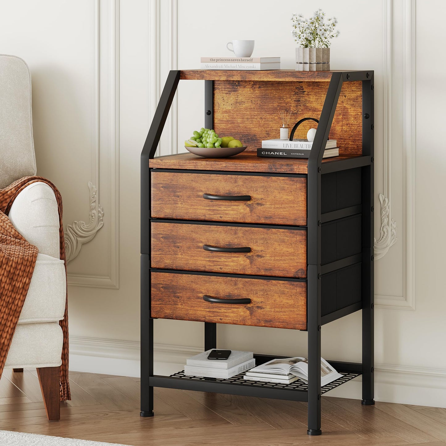 Feonase Bedside Table Wide with 3 Fabric Drawers & Open Shelf Suitable For Bedroom Bed Side Tables, Sofa Side Tables