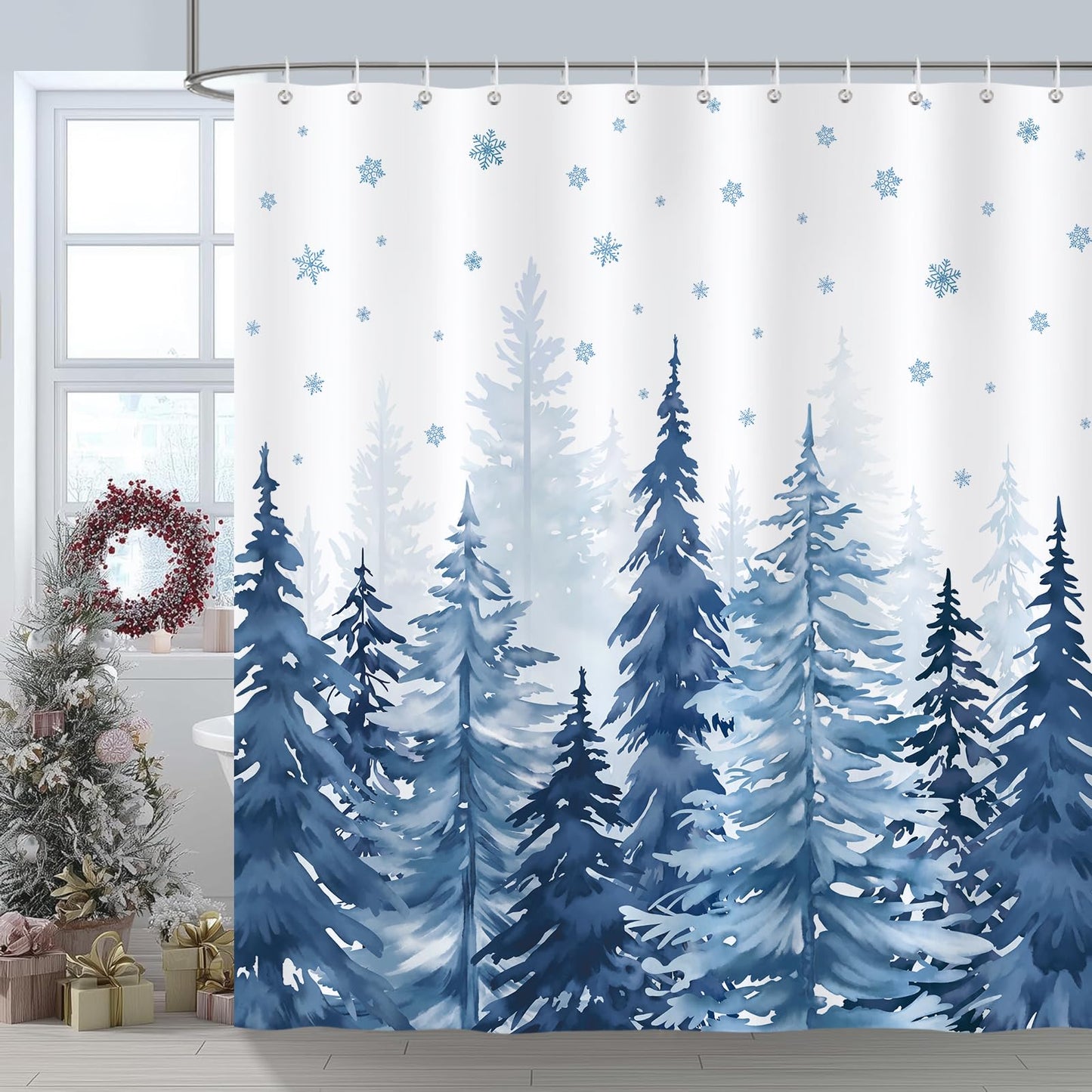 COZZSNUGE Winter Misty Forest Shower Curtain, Blue Pine Tree Snowflake Nature Snow Scene Bathroom Curtain 180 x 180 cm