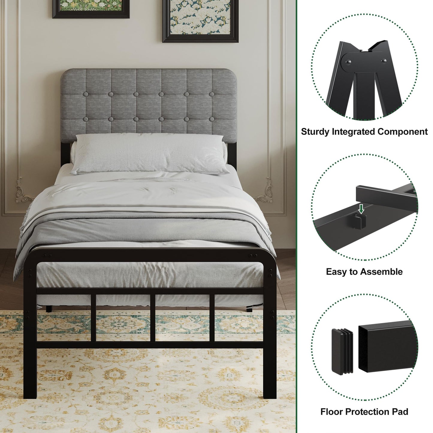 EMODA Small Single Bed Frame with Upholstered Headboard and Footboard