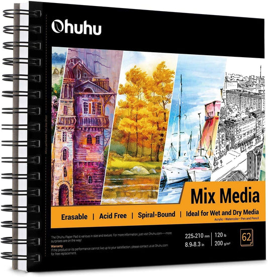 Ohuhu Mixed Media Sketchbook 200gsm - 124 Pages (62 Sheets) Acid-Free Paper, 8.3?8.3" (21?21cm) Square, Spiral Bound Hardback for Watercolour, Acrylic