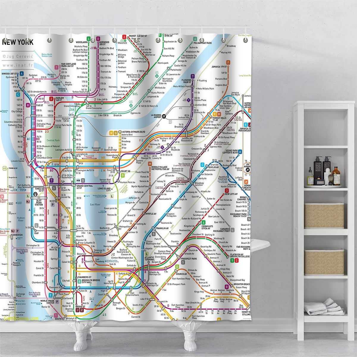 Gaakvrr Shower Curtain New York Subway Map Waterproof Polyester Fabric Bathroom Curtain Set with 12 Hooks, Unique Urban Bathroom Decor 180x180 cm