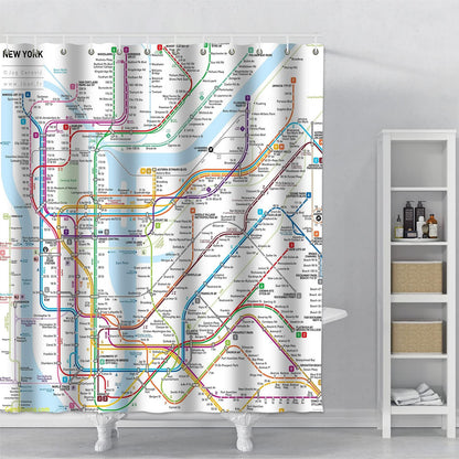 Gaakvrr Shower Curtain New York Subway Map Waterproof Polyester Fabric Bathroom Curtain Set with 12 Hooks, Unique Urban Bathroom Decor 180x180 cm