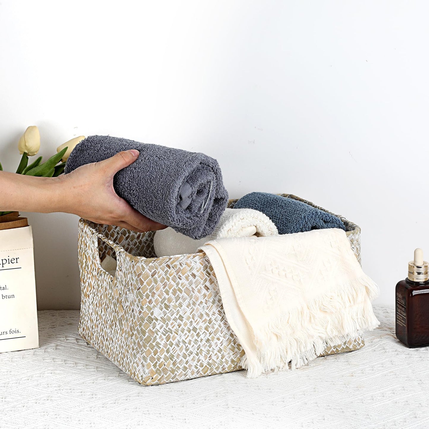 IGNPION Seagrass Storage Basket Woven Seagrass Desktop Rectangular Bathroom Storage Organiser Box