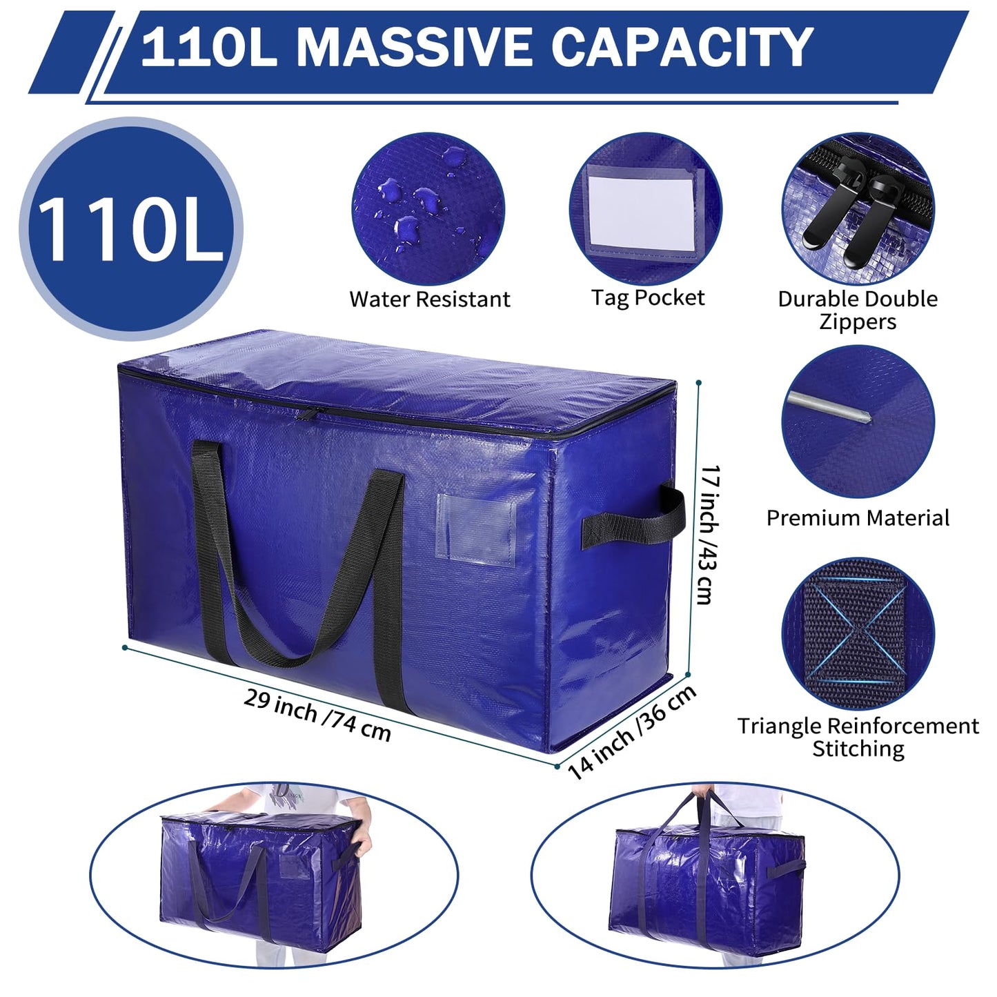 Uhogo 110L 3 Pack Heavy Duty Extra Large Storage Bags - Thicker Waterproof Storage Bags with Zips for Moving, Travelling, Camping, University