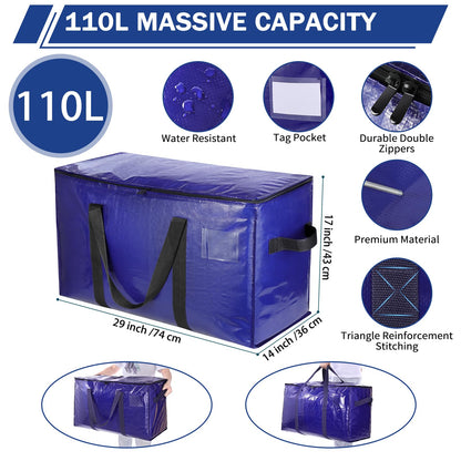 Uhogo 110L 3 Pack Heavy Duty Extra Large Storage Bags - Thicker Waterproof Storage Bags with Zips for Moving, Travelling, Camping, University