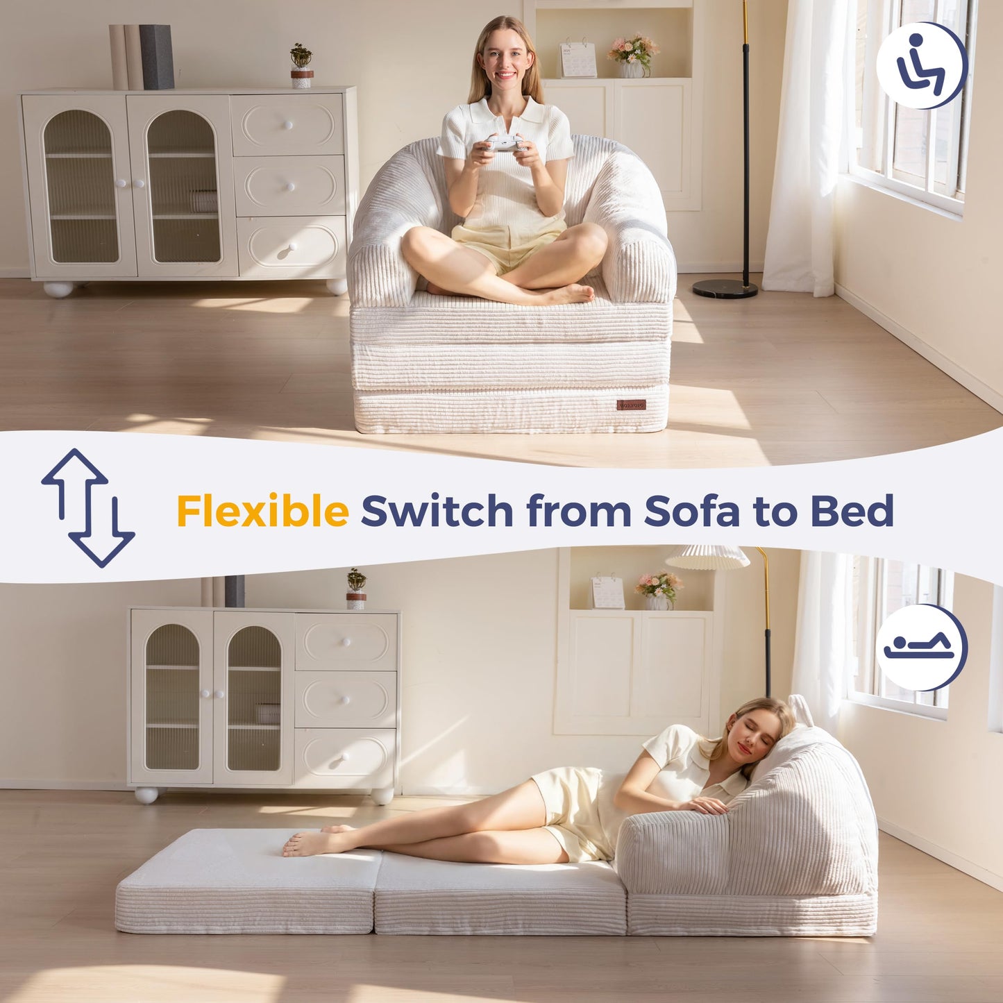 MAXYOYO Folding Sofa Bed with Backrest, Boneless Fold Out Couch Bed with Handle, 2 in 1 Convertible Bean Bag Chair to Floor Sofa Lounger
