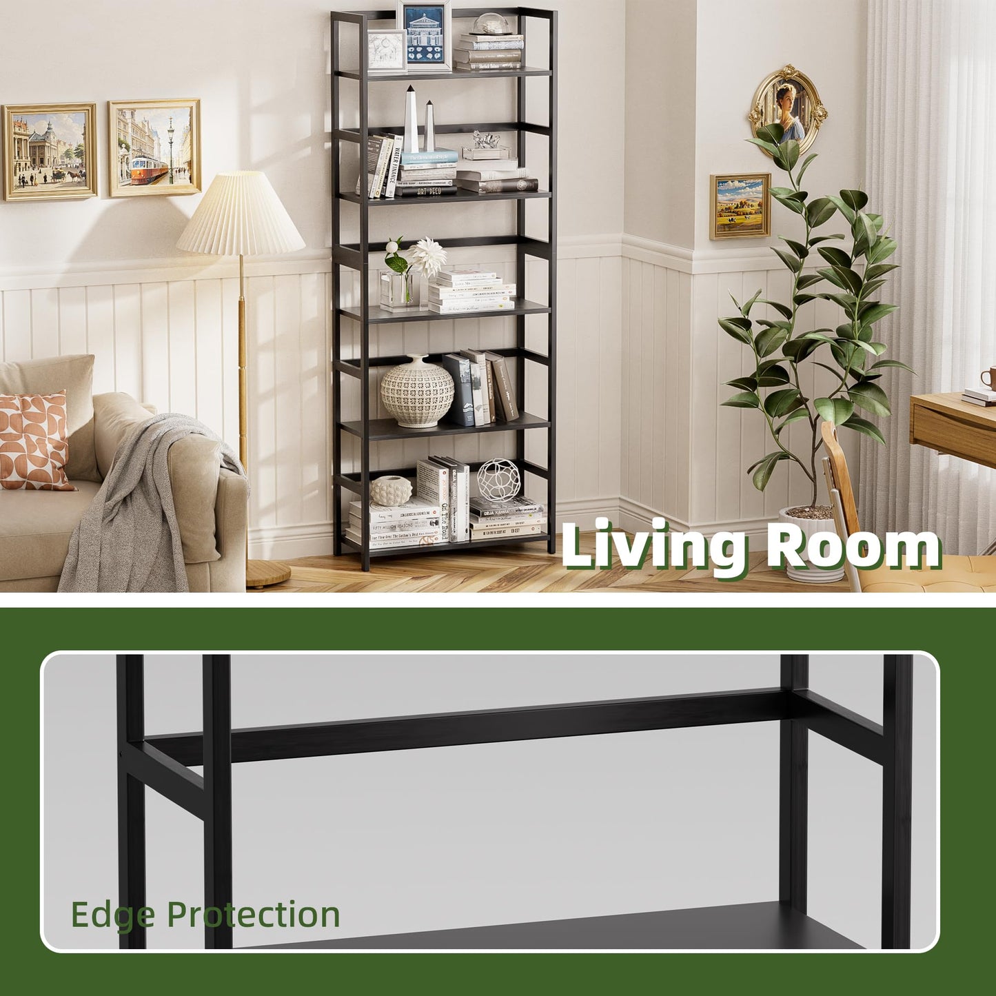 vovala 5-Tier Bamboo Wood Ladder Bookshelf, Tall Display Storage Shelf, Large Bookcase Modern Industrial Stand Organizer for Home, Office