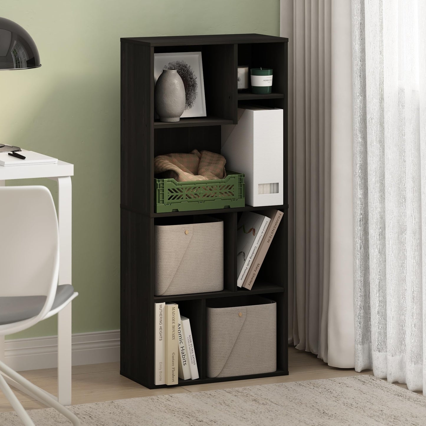 Furinno DALY Book Shelf, 7-Cube Bookshelf, Cube Storage Organizer Bookcase with Irregular Compartments, 9.4 x 18.9 x 42.1, for Living Room, Bedroom