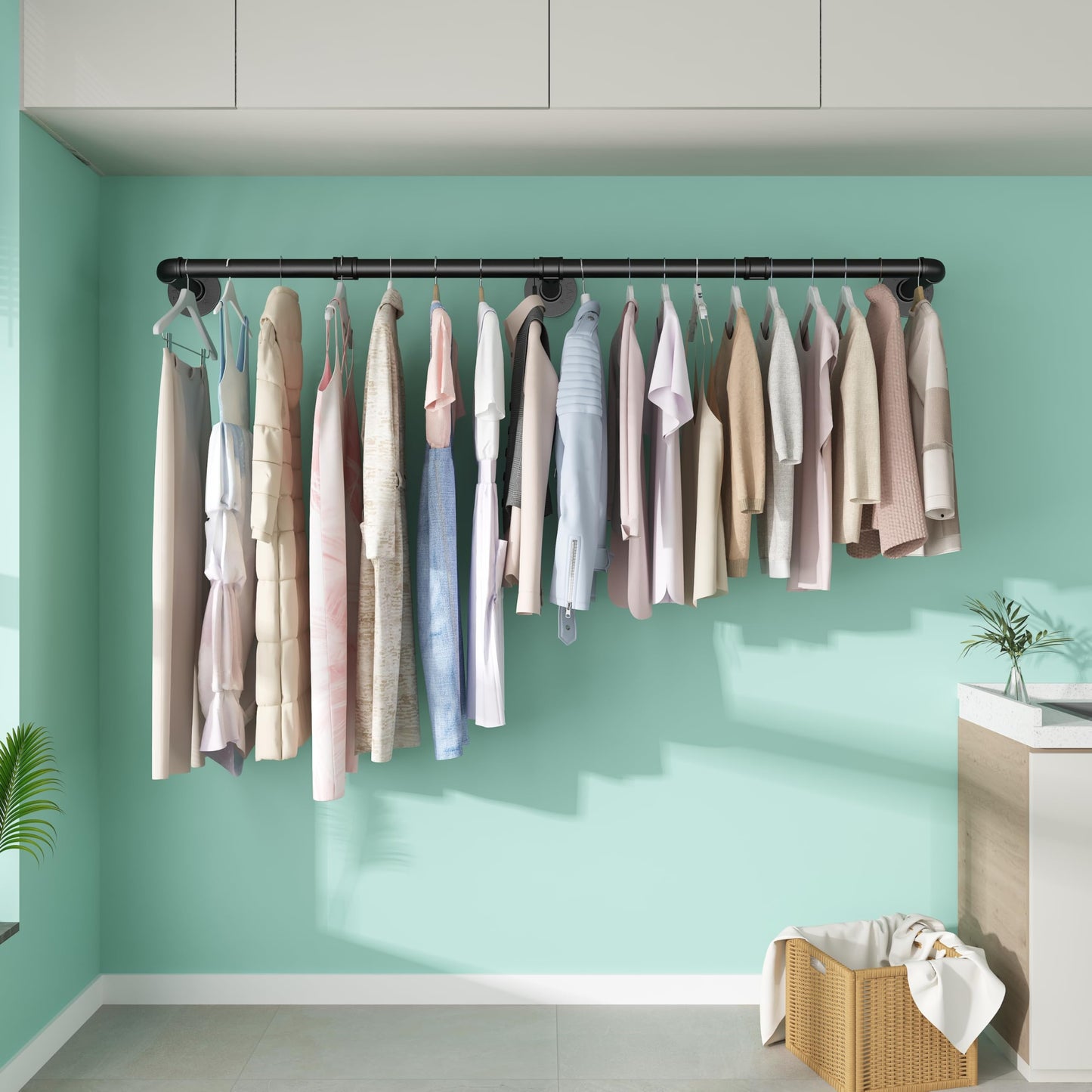 SMILOVII Wall Mounted Clothes Rail, Industrial Pipe Clothes Rails Wall Mounted, 164cm Detachable Metal Clothing Rail for Hanging Clothes For Home