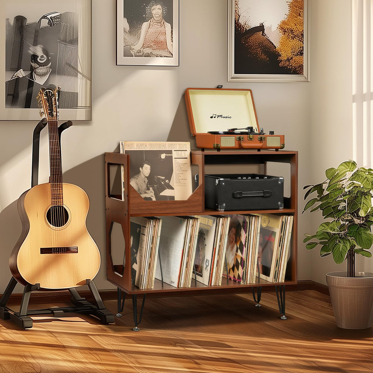 ikkle Large Rustic Record Player Stand, 2 Tier Record Player Table with Vinyl Record Storage, Vinyl Storage Cabinet with Metal Legs
