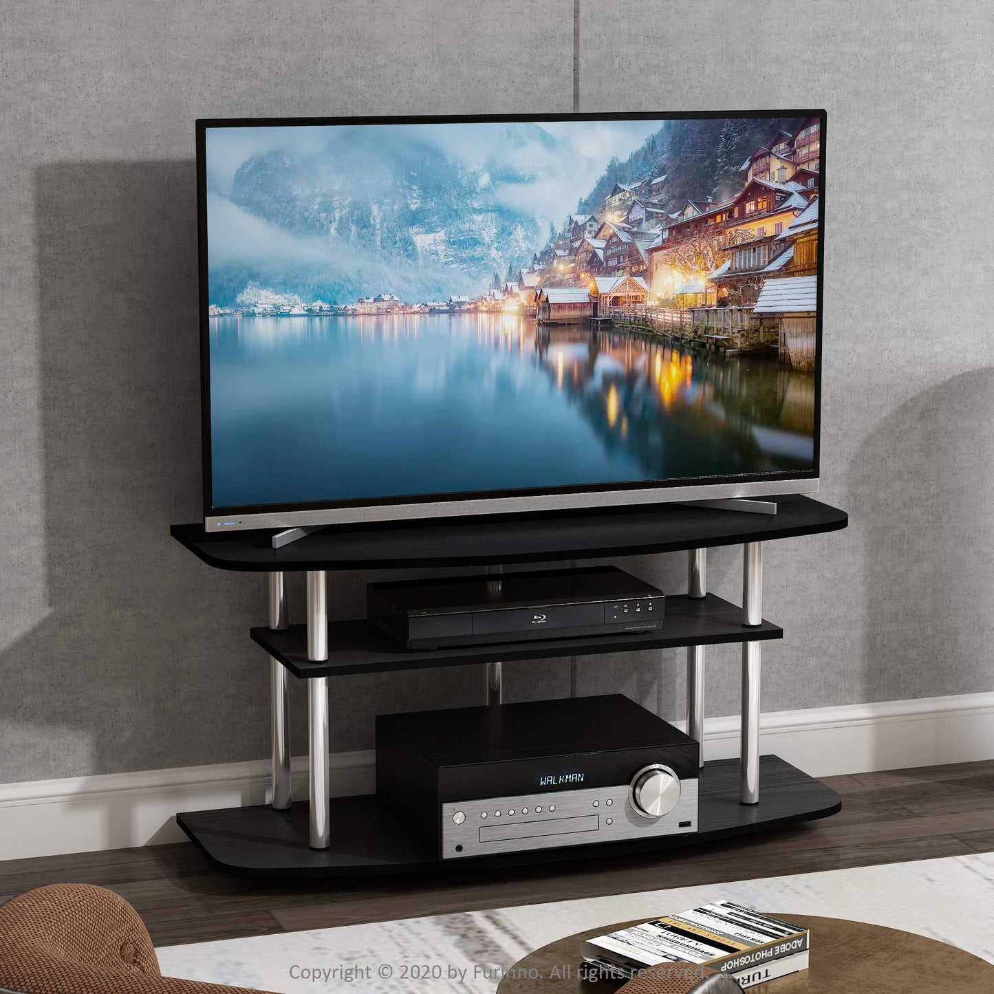 Furinno TURN-N-TUBE TV Stand, 3-Tier Entertainment Center,TV Console for TV up to 46 Inch, for Living Room, Bedroom, Black Oak