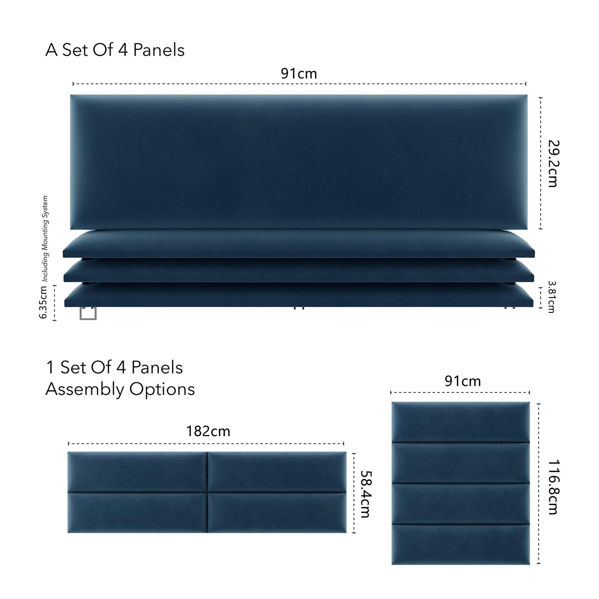 VANT Upholstered Accent Wall Panels - Packs of 4 - Easy to Install - Twin-King Size Headboard 91cm Wide, Plush Velvet Peacock Blue