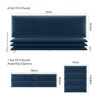 VANT Upholstered Accent Wall Panels - Packs of 4 - Easy to Install - Twin-King Size Headboard 91cm Wide, Plush Velvet Peacock Blue