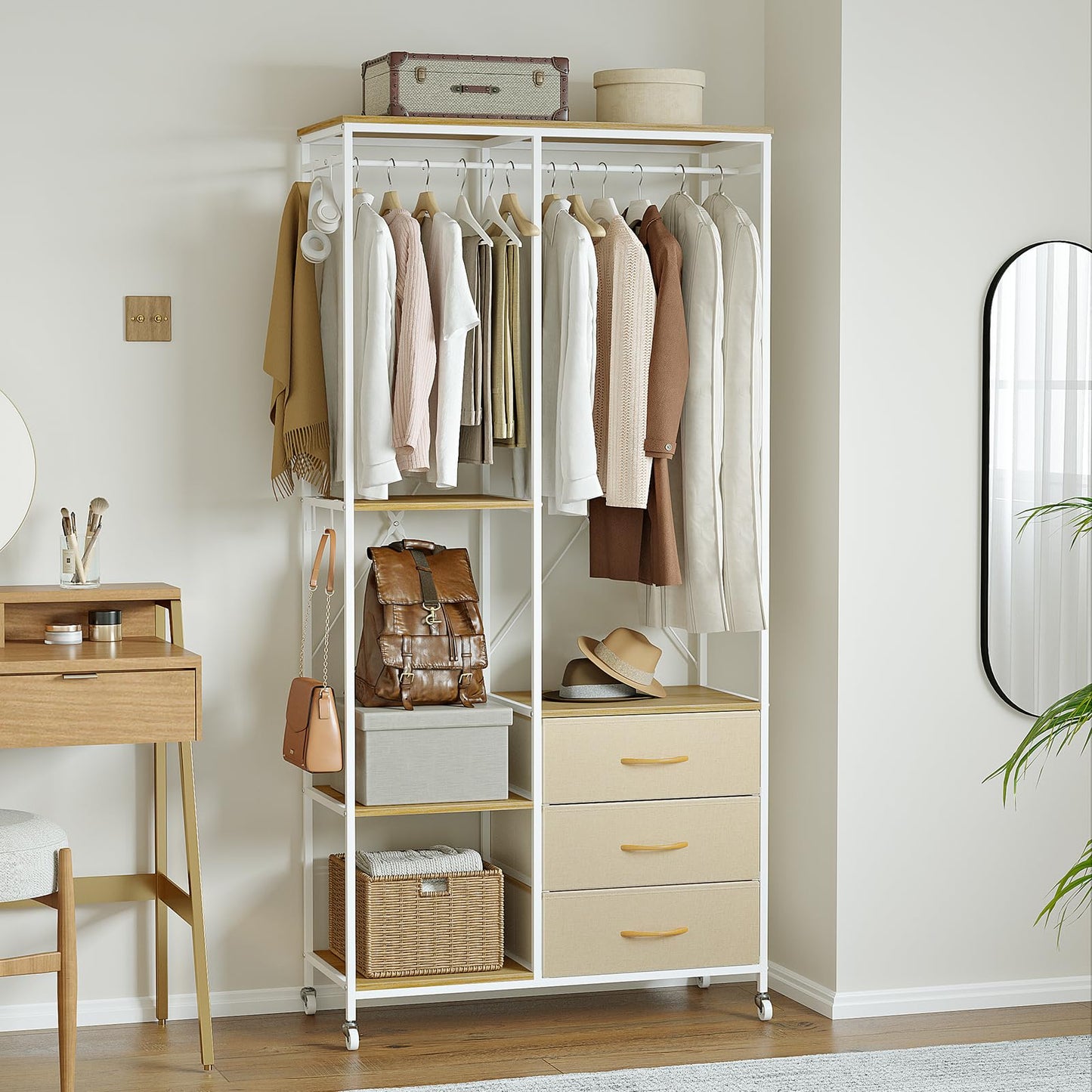 Mintnook Heavy Duty Clothing Rail，Wardrobe with 3 Drawers，Beige