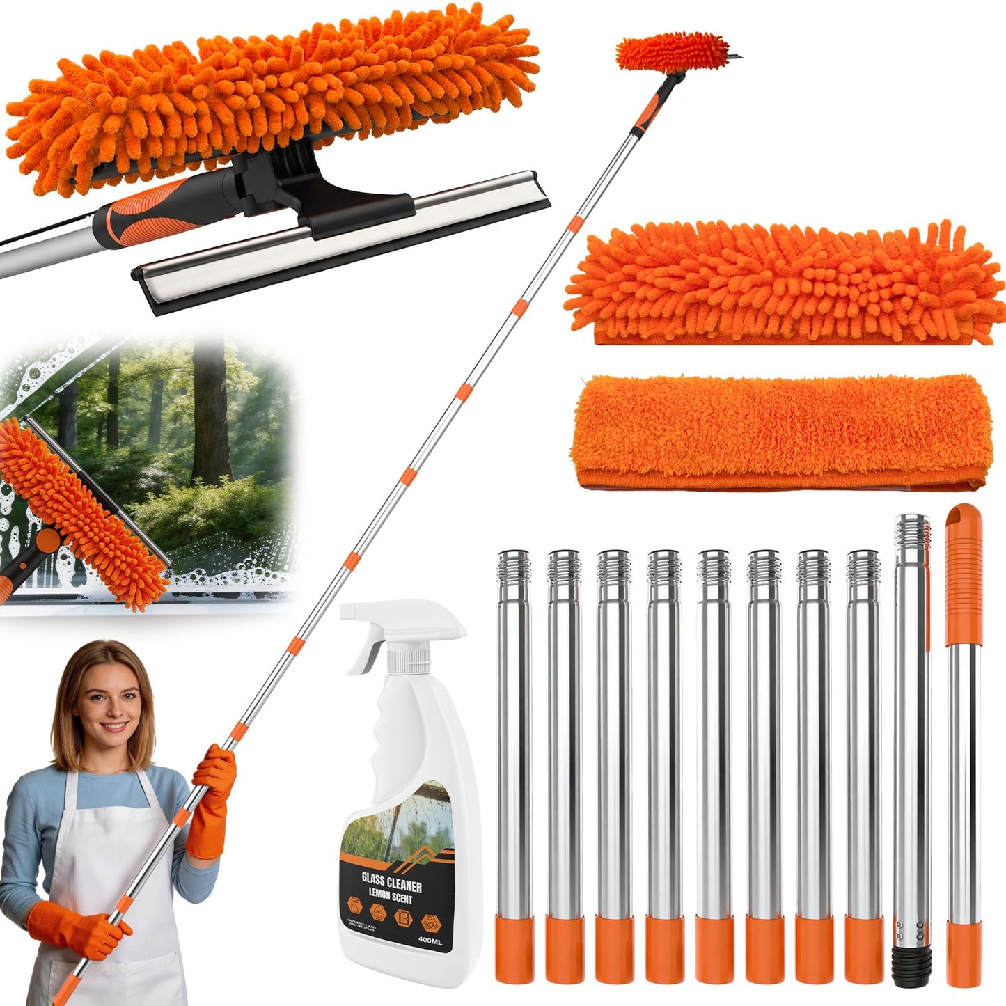 Window Cleaning Squeegee & Washer Set, 2-in-1 Window Cleaning Equipment with 4.5m(14.8Ft) Extendable Pole & 400ml Glass Cleaner,Streak-Free Cleaning