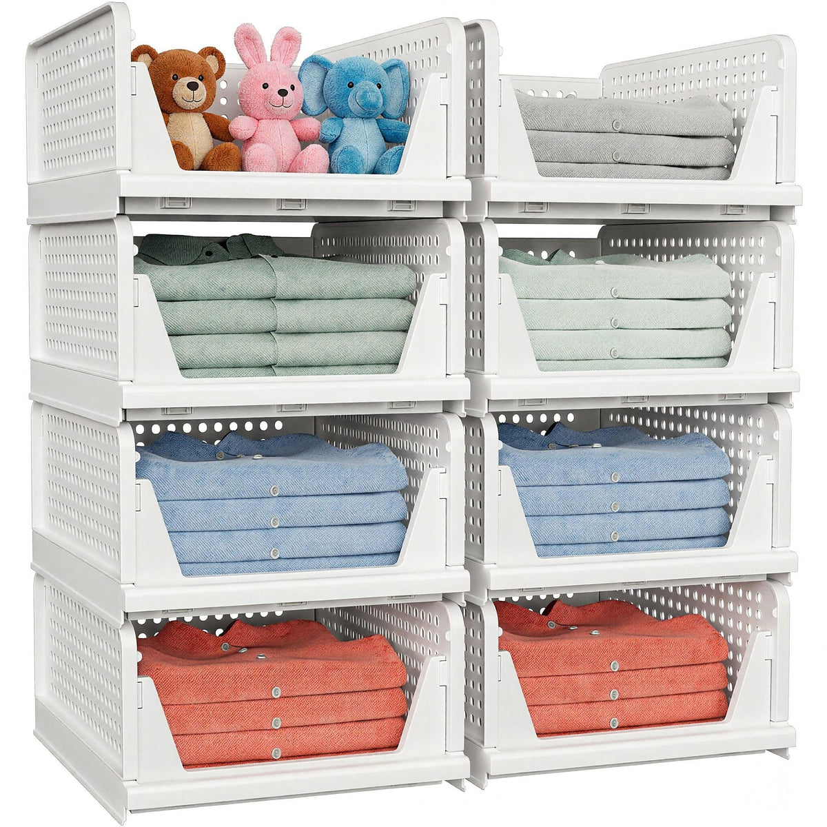 4 Pack Folding Closet Organizers Box, Stackable Plastic Basket, Drawer Shelf Container for Cupboard Kitchen Bathroom Bedroom 4L White