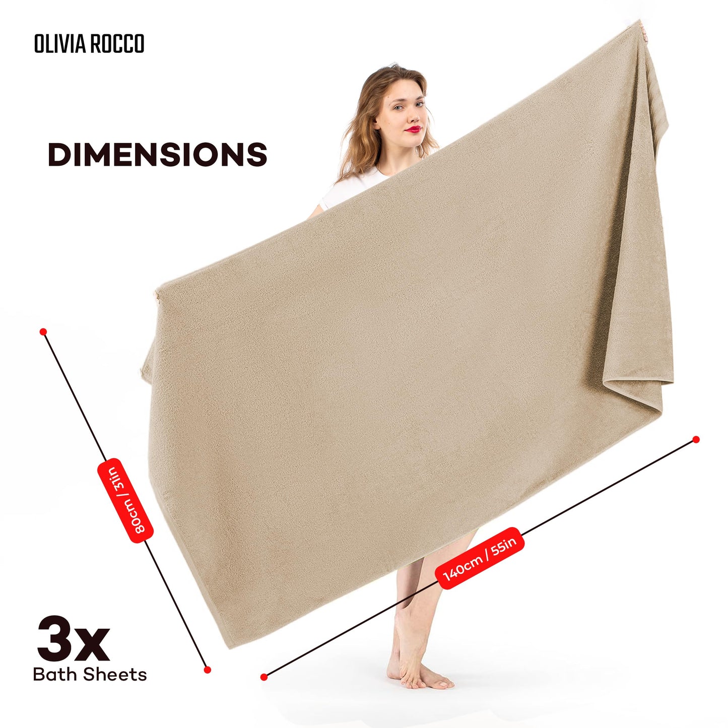 Olivia Rocco Monaco 3 Pack Bath Sheets Highly Absorbent Premium Quality 100% Cotton Large Towel Set Extra Soft Quick Dry Large Towels Bath Sheet 500