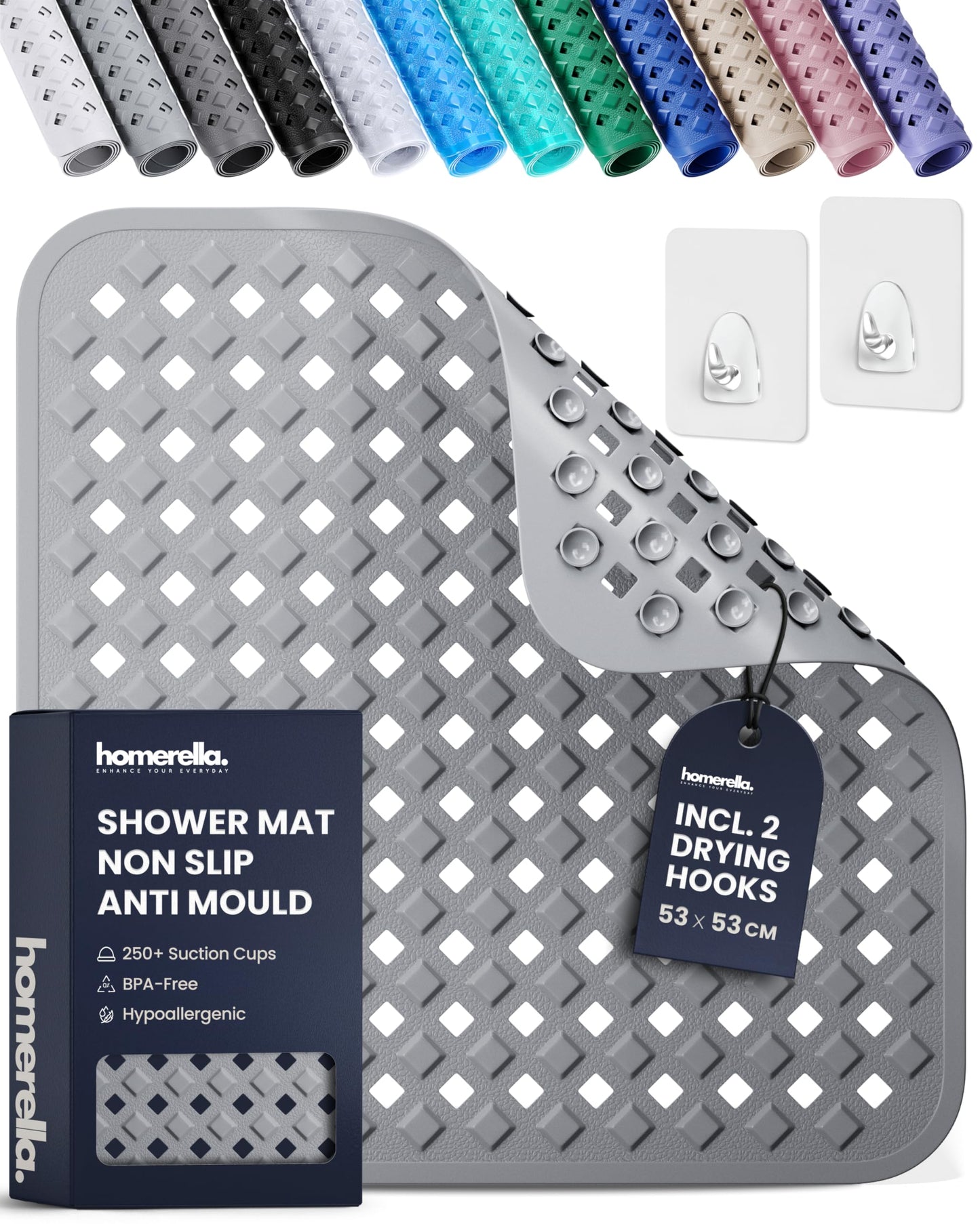 homerella Shower Mat Non Slip Anti Mould 53x53cm, Incl. Hooks for Drying