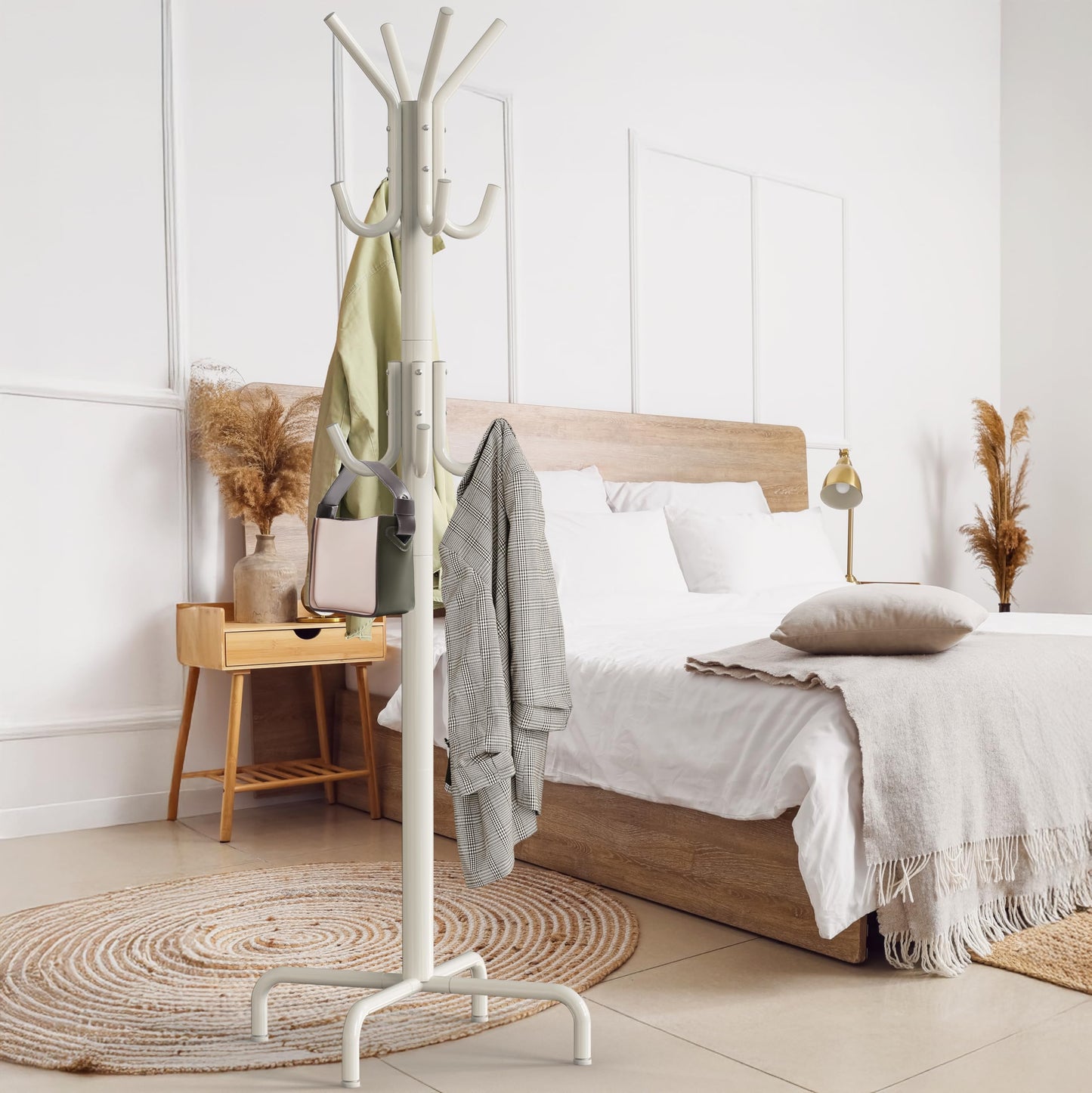 Simple Houseware Standing Coat and Hat Hanger Organizer Rack, 12 Hooks White