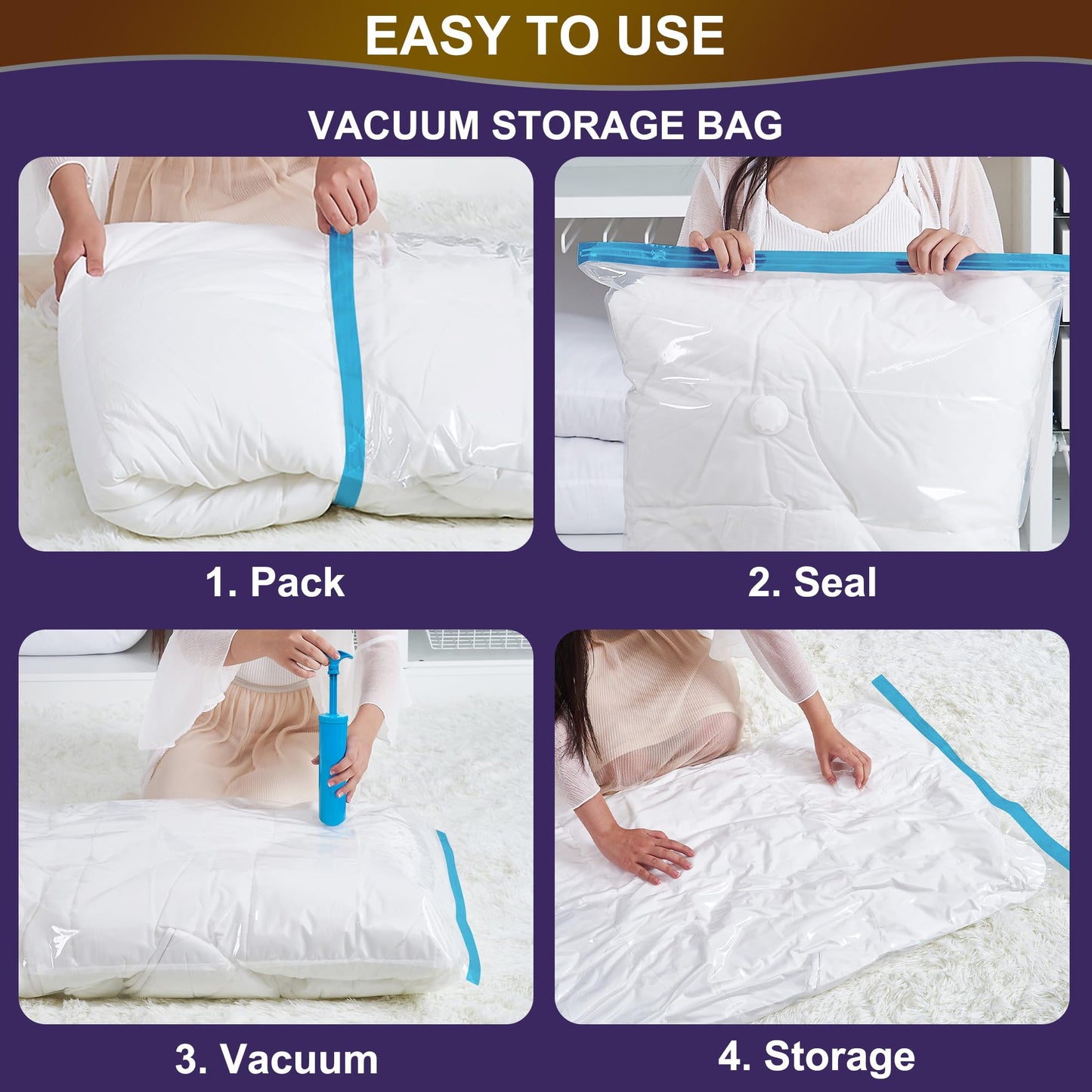 Oumaru Vacuum Storage Bags for Clothes, Vacuum Bags, Space Saver Bags for Clothes, Duvets and Pillows, Hand Pump Included, Pack of 10, Large Size