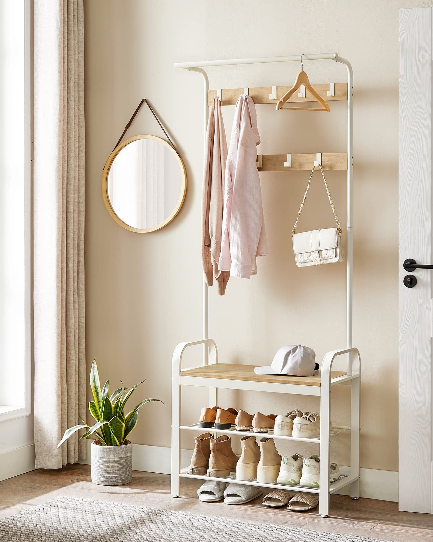 VASAGLE Coat Rack, Coat Stand with Shoe Storage Bench, 4-in-1 Design, with 9 Removable Hooks, a Clothes Rail, for Hallway, Entrance, 34 x 72 x 183 cm,