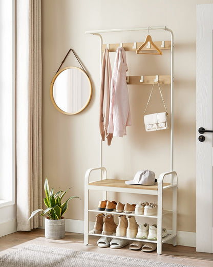 VASAGLE Coat Rack, Coat Stand with Shoe Storage Bench, 4-in-1 Design, with 9 Removable Hooks, a Clothes Rail, for Hallway, Entrance, 34 x 72 x 183 cm,